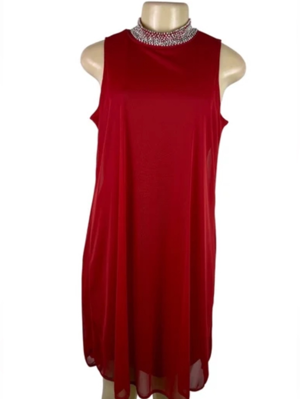 Red Sleeveless Annalee + Hope Dress with Embellished Neckline